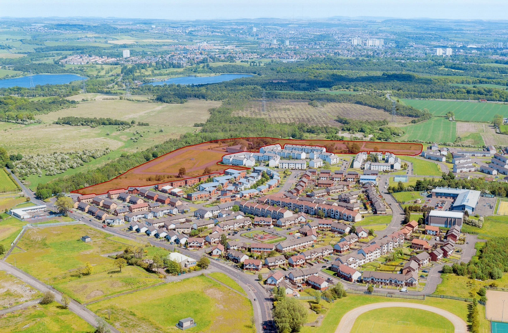Ariel Photograph with red shading to show Abbeycraig development site